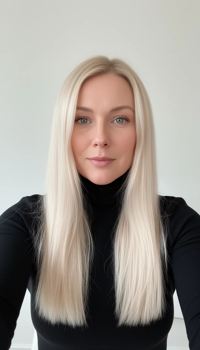 selfie of a 37-year-old woman wearing a black turtleneck with a Frosted Champagne colored long, bright blonde hair, front view, minimal background