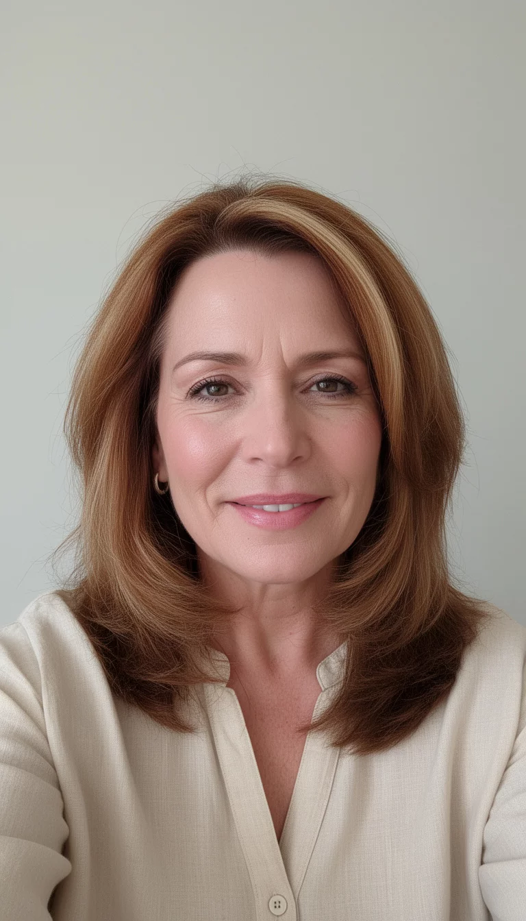 selfie of a 48-year-old woman wearing a light beige collared top with a Toasted Auburn colored medium-length hair with lighter highlights, front view, minimal background