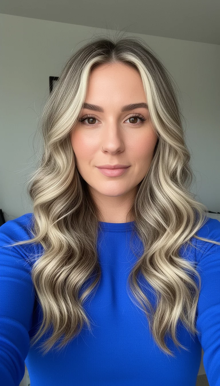 selfie of a 29-year-old woman wearing a blue top with a Cool Ash Wood colored wavy blonde hair with highlights, front view, minimal background