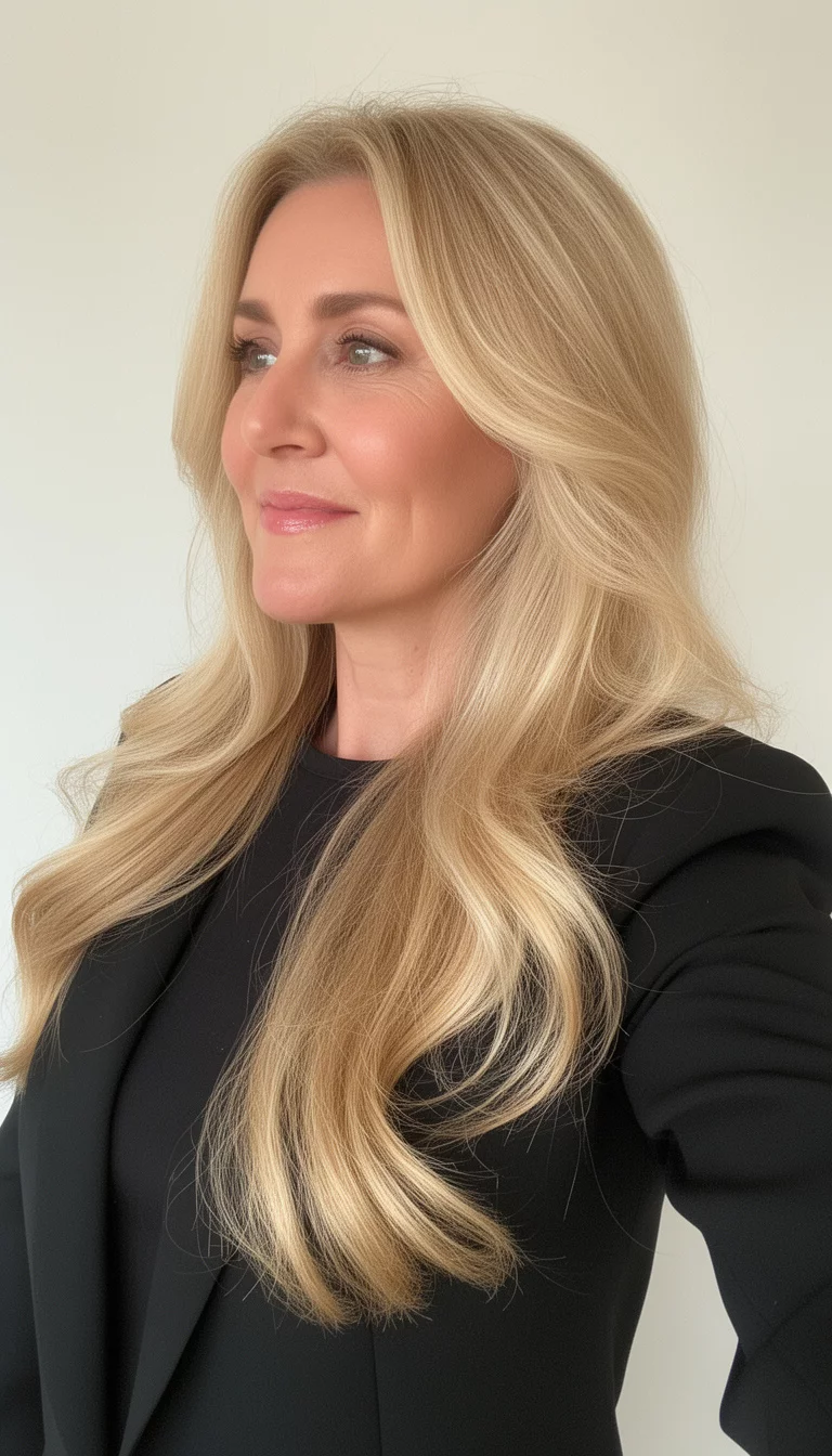 selfie of a 45-year-old woman wearing a black blazer with a Sun-Drenched Golden Silk colored long, wavy, blonde hair, side view, minimal background