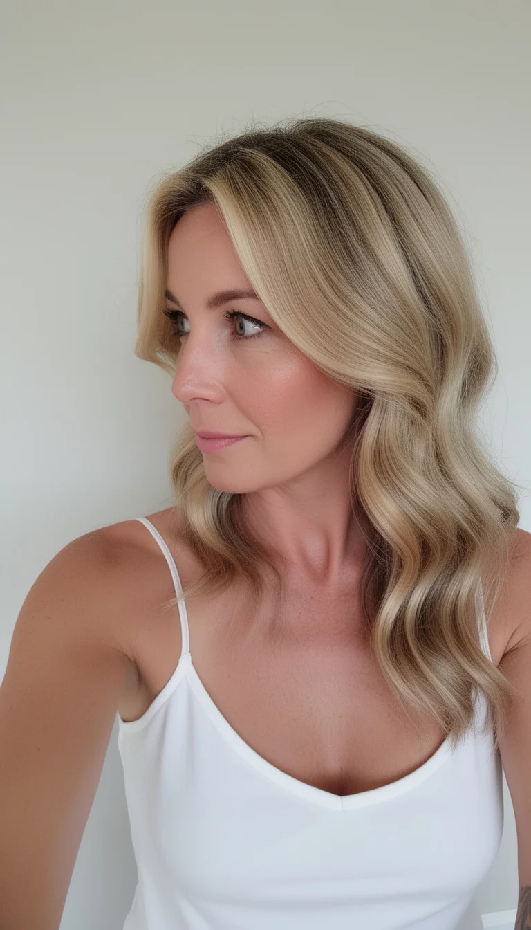 selfie of a 35-year-old woman wearing a white camisole with a Sandy Coast colored multi-toned blonde hair, side view, minimal background