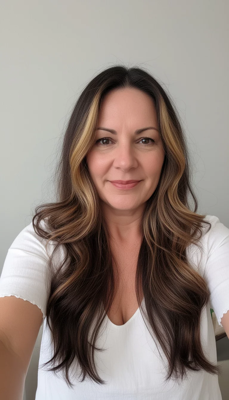 selfie of a 46-year-old woman wearing a white top with a Honey-Drizzled Mocha colored long, dark brown hair with warm blonde highlights, front view, minimal background