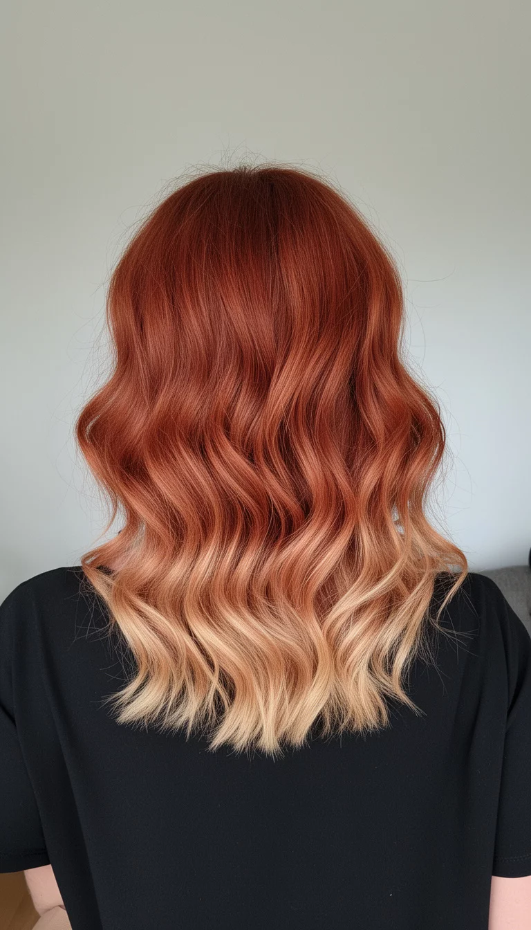 selfie of a 40-year-old woman wearing a black top with a Burnt Orange colored medium-length, wavy, auburn hair with blonde ends, back/side view, minimal background