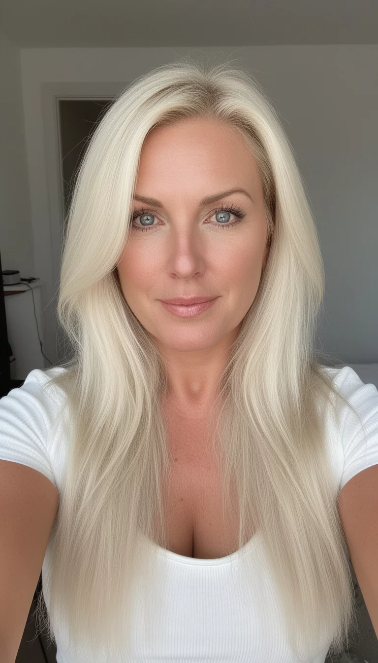 selfie of a 39-year-old woman wearing a white top with a Sun-Bleached Bombshell colored long, bright blonde hair, front view, minimal background