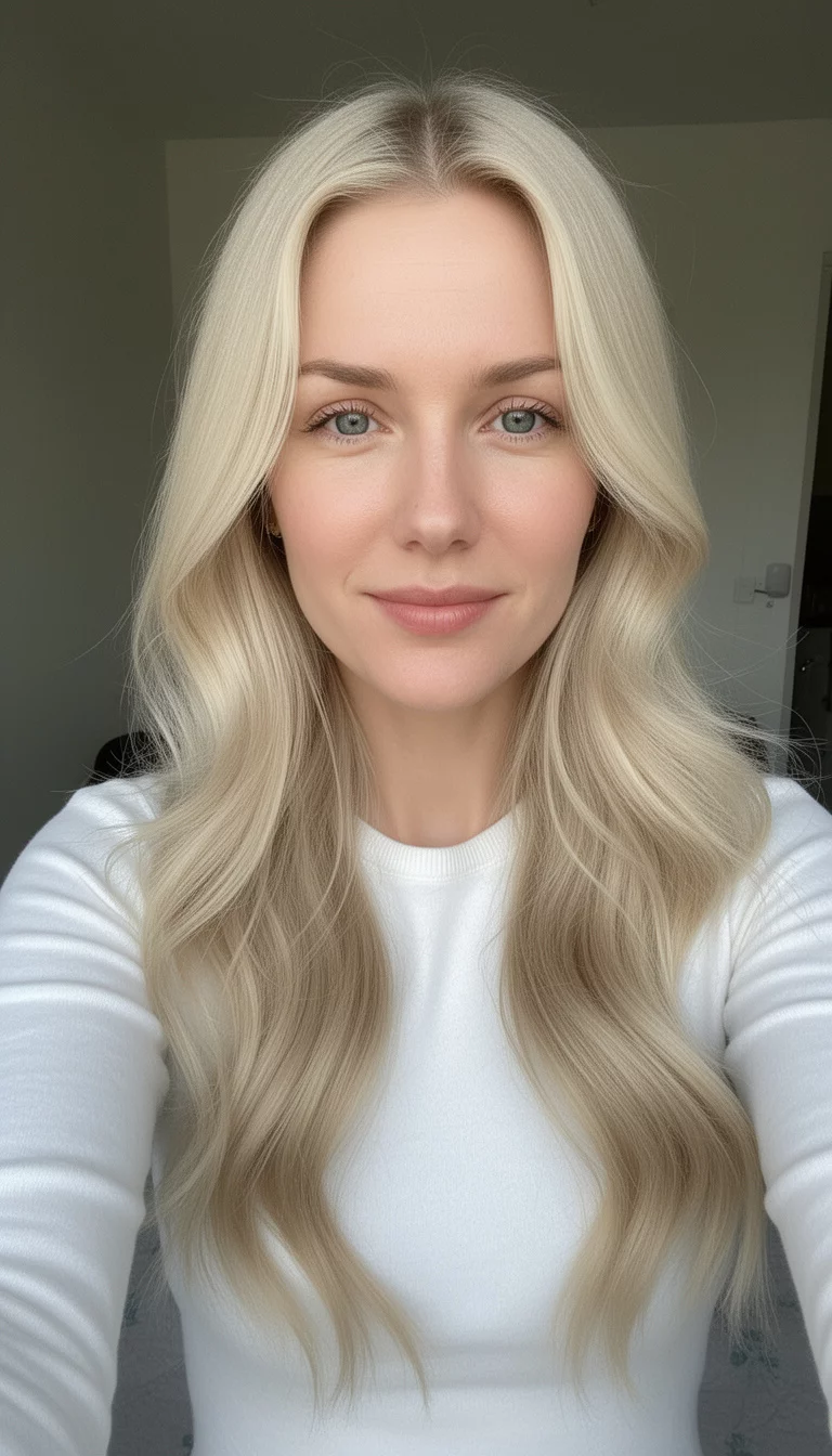 selfie of a 30-year-old woman wearing a white long-sleeved top with a Chalky Pearl Blonde colored fair blonde, long, slightly wavy hair, front view, minimal background
