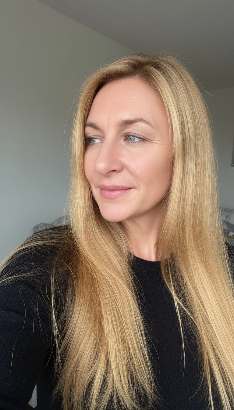 selfie of a 38-year-old woman wearing a black top with a Glistening Golden colored long, golden blonde hair, slight side view, minimal background
