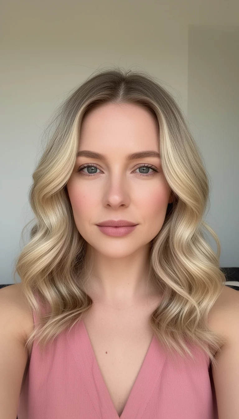 selfie of a 31-year-old woman wearing a pink top with a Soft Rose Petal Blonde colored wavy, medium-length hair, close-up front view portrait, minimal background