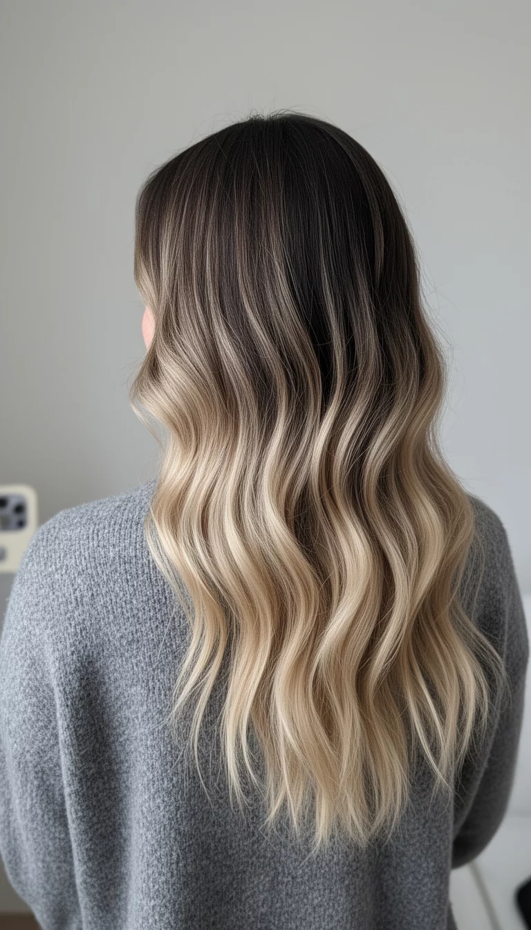 selfie of a 31-year-old woman wearing a grey sweater with a Shadow-Rooted Icicle colored long hair with blonde ombre, back view, minimal background