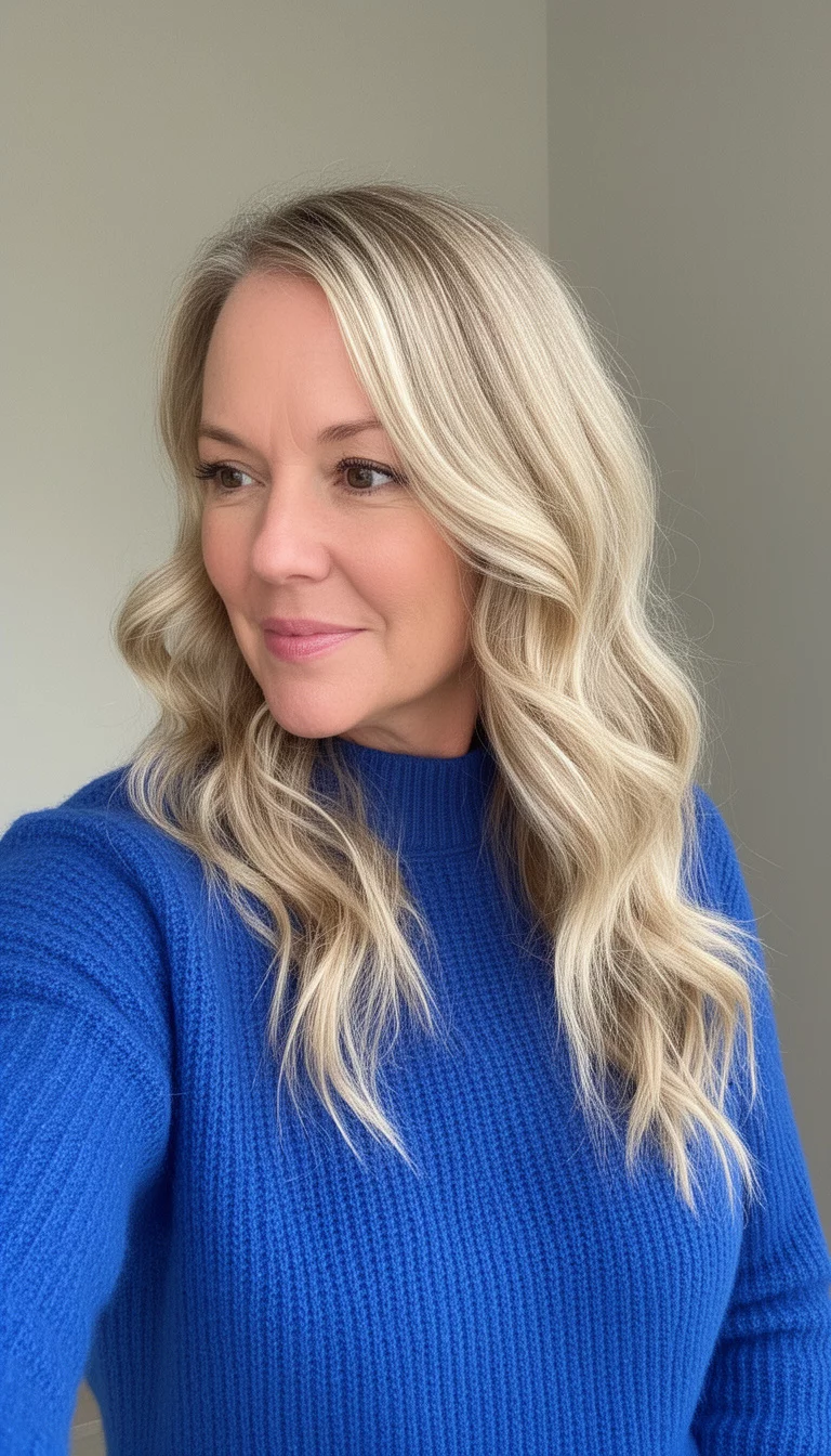 selfie of a 41-year-old woman wearing a blue sweater with a Almond Milk Latte Blonde colored wavy, long hair, side view, minimal background