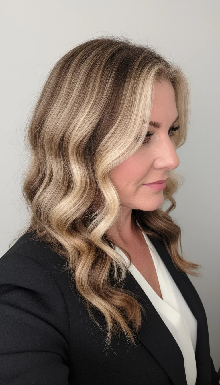 selfie of a 43-year-old woman wearing a black blazer with a Espresso and Cream colored wavy blonde and brown ombre hair, side view, minimal background