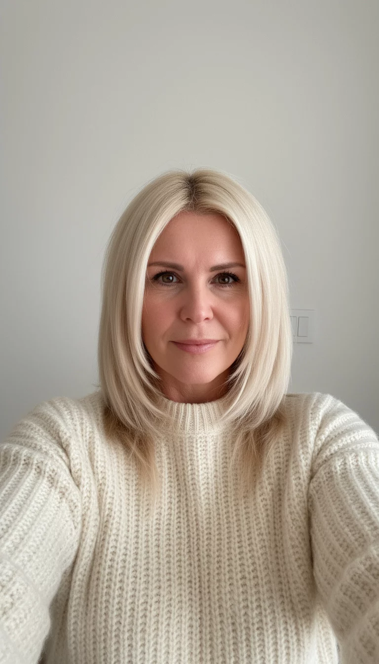 selfie of a 38-year-old woman wearing a cream knit sweater with a Creamy Vanilla colored bright blonde hair with face-framing layers, front view, minimal background
