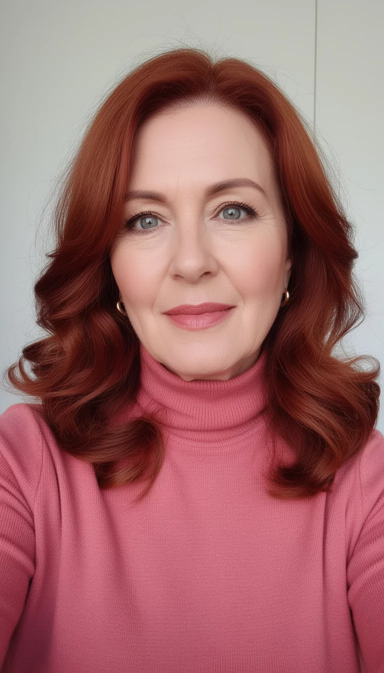 selfie of a 47-year-old woman wearing a rosy pink turtleneck with a Velvet Auburn colored hair with soft waves, close-up front view portrait, minimal background