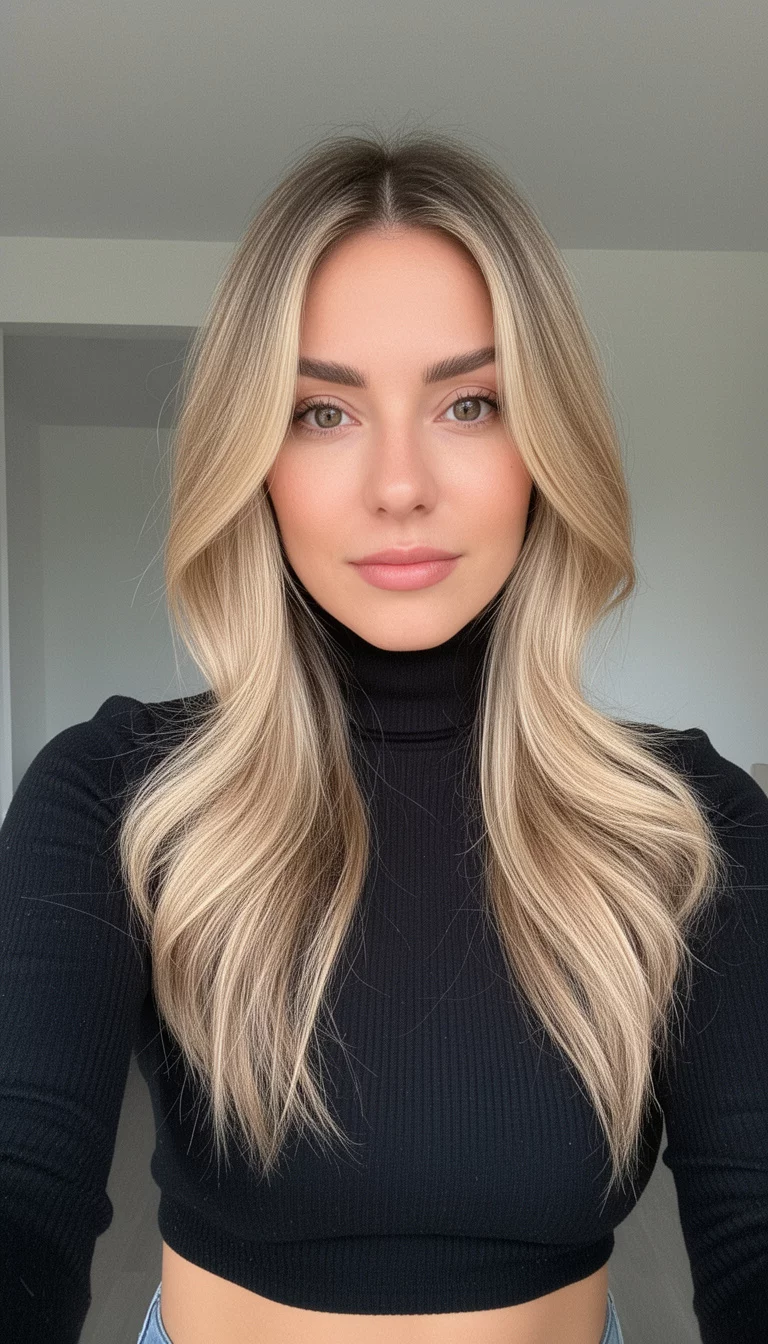 selfie of a 33-year-old woman wearing a black turtleneck crop top with a Sun-Kissed Curtain colored long blonde hair with face-framing layers, front view, minimal background