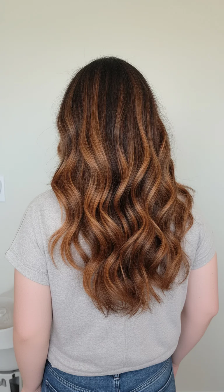 selfie of a 44-year-old woman wearing a casual top with a Milk Tea Powder colored long, wavy hair with dimensional caramel tones, back view, minimal background