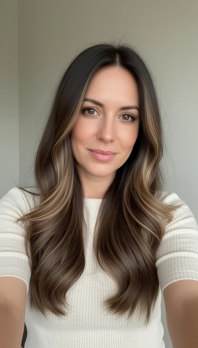 selfie of a 33-year-old woman wearing a light top with a Barely-There Balayage colored long, medium brown hair with subtle highlights, front view, minimal background