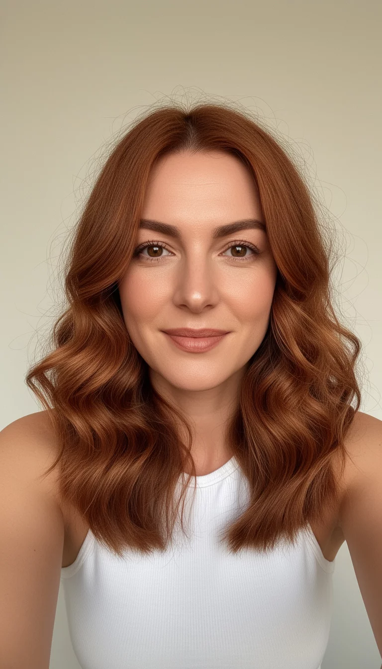 selfie of a 36-year-old woman wearing a white top with a Golden Hour Copper Brown colored medium-length, warm brown wavy hair, close-up front view portrait, minimal background