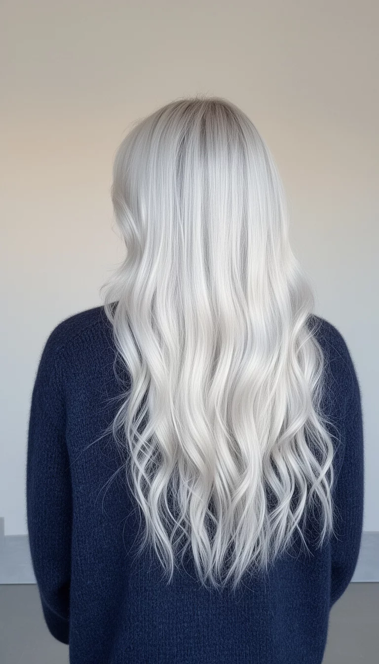 selfie of a 29-year-old woman wearing a dark blue sweater with a Arctic Snow colored very long, platinum blonde hair, back view, minimal background