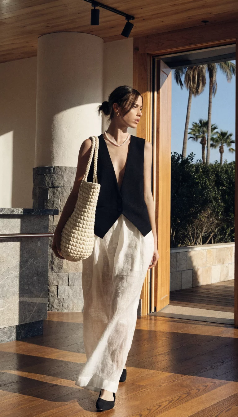 A beautiful woman in a sleeveless black vest and white wide-leg pants, she carries a woven cream bag and black flats inside a modern space.