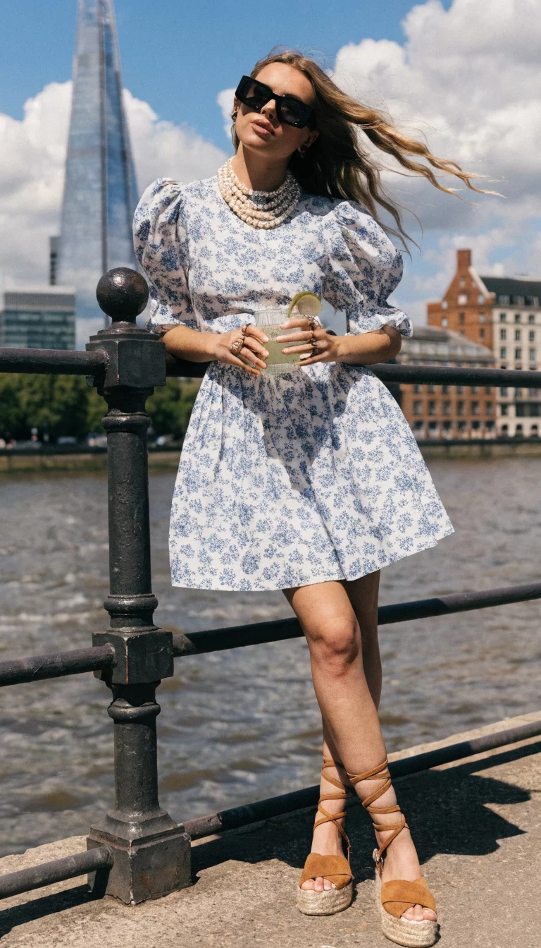 A beautiful woman in a floral print white mini-dress and espadrilles, she leans on a railing by a river with the Shard skyscraper in the background.