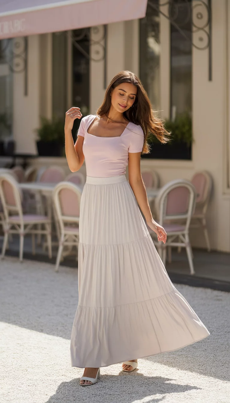 A beautiful woman in a light pink fitted top and a long white tiered skirt, standing on gravel outdoors near light pink cafe seating.