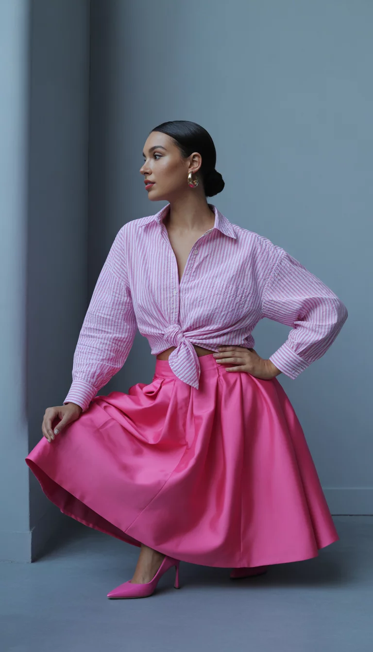 A beautiful woman in a knotted pink and white striped button-down shirt, a voluminous bright pink midi skirt, and matching pink heels, against a grey backdrop.