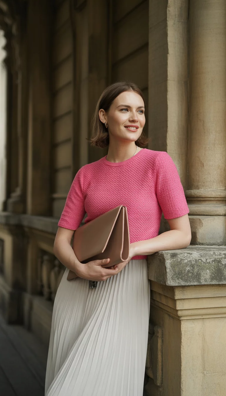 A beautiful woman in a textured bright pink short-sleeved sweater and an off-white pleated maxi skirt, holding a brown angular handbag near classical architecture.