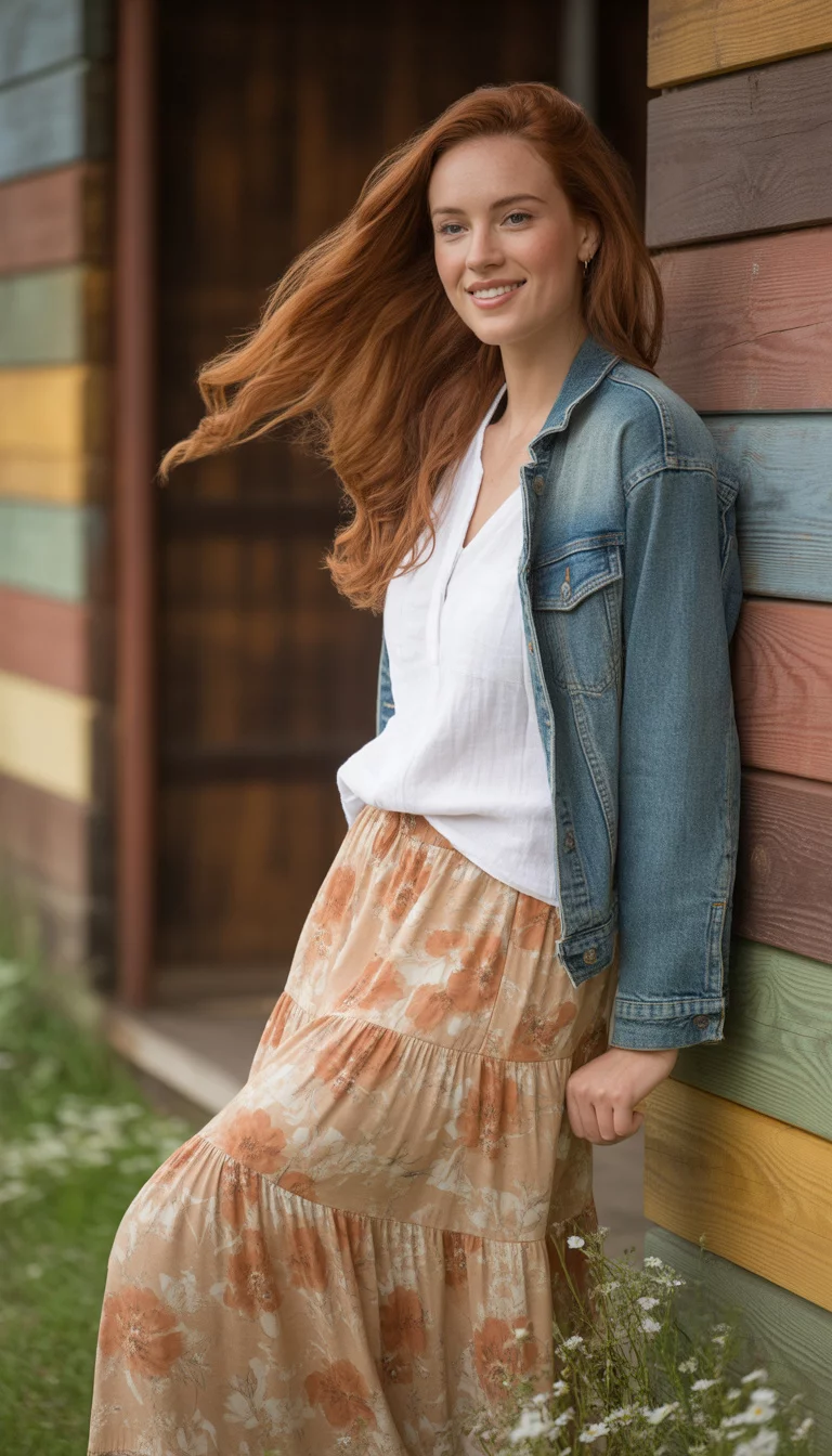A beautiful woman in a white top, denim jacket, and a tiered peach and tan floral maxi skirt, standing against a rustic multicolored wooden wall.