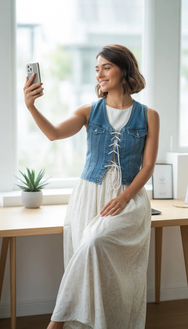 A beautiful woman in a lace-up denim vest over a white top and a white floral maxi skirt, taking a mirror selfie in a modern home office.