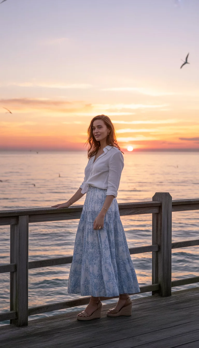 A beautiful woman in a white button-down shirt, blue and white toile tiered maxi skirt, and brown wedges, standing on a wooden pier overlooking the sea at sunset.