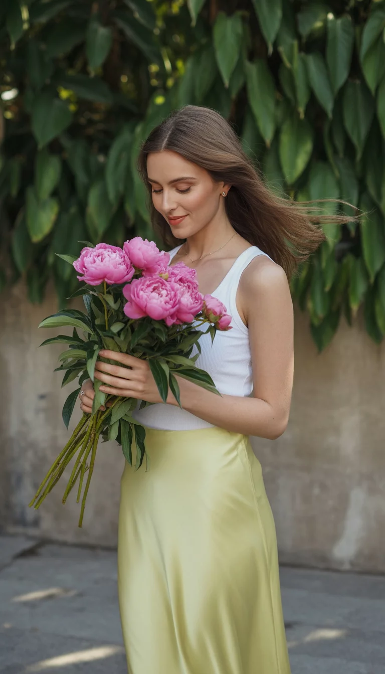 A beautiful woman in a white tank top and a pale yellow satin maxi skirt, holding pink flowers next to tropical foliage against a concrete wall.