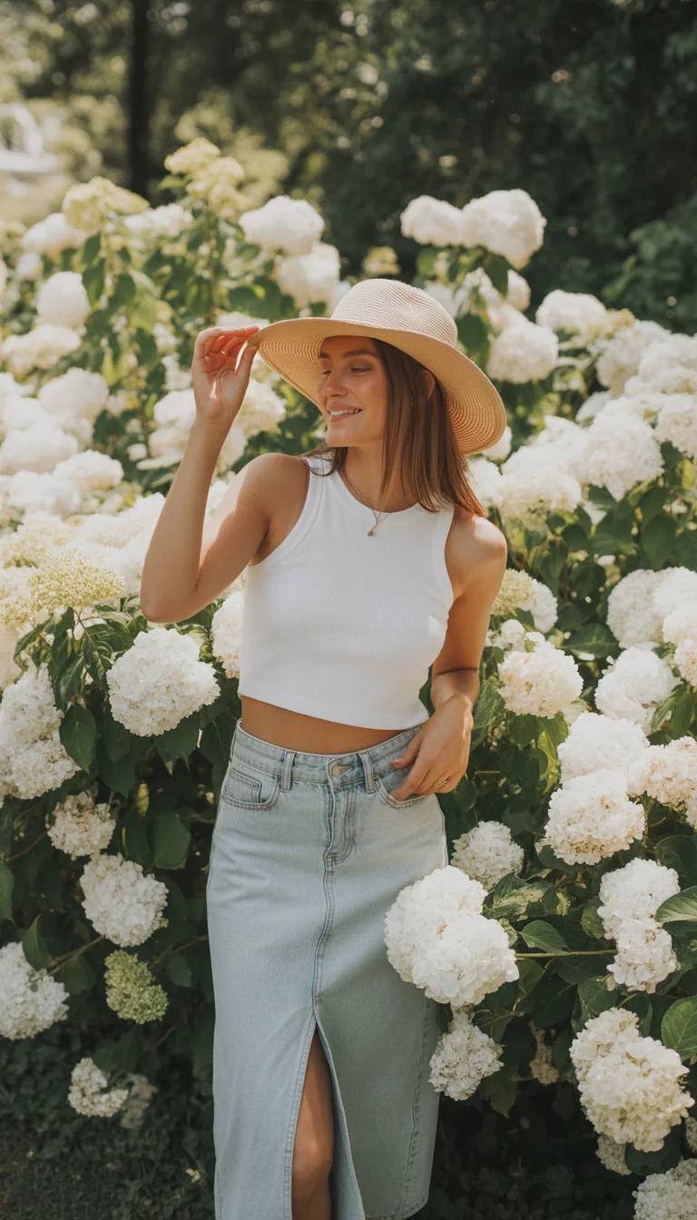 A beautiful woman in a white ribbed tank top, light wash denim midi skirt, and a sun hat, posing among white hydrangeas in a lush garden setting.