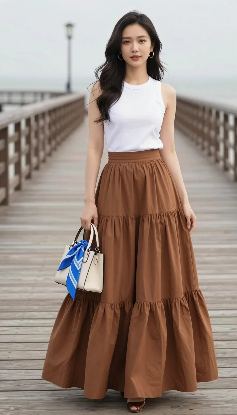 A beautiful woman in a white sleeveless top and a voluminous brown tiered maxi skirt, holding a handbag with a blue scarf on a wooden pier.