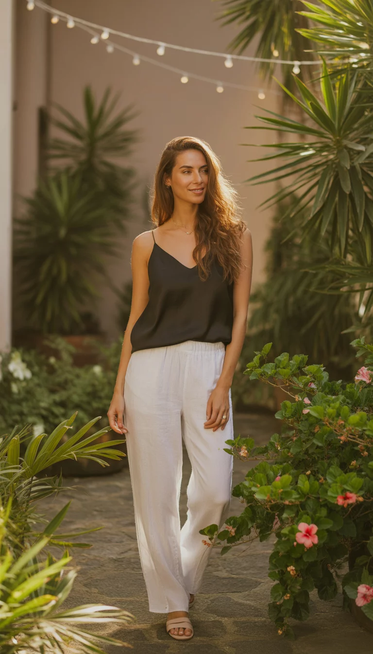 A beautiful woman in a black camisole, white pants, light sandals, standing outdoors in a lush courtyard with string lights and tropical plants.