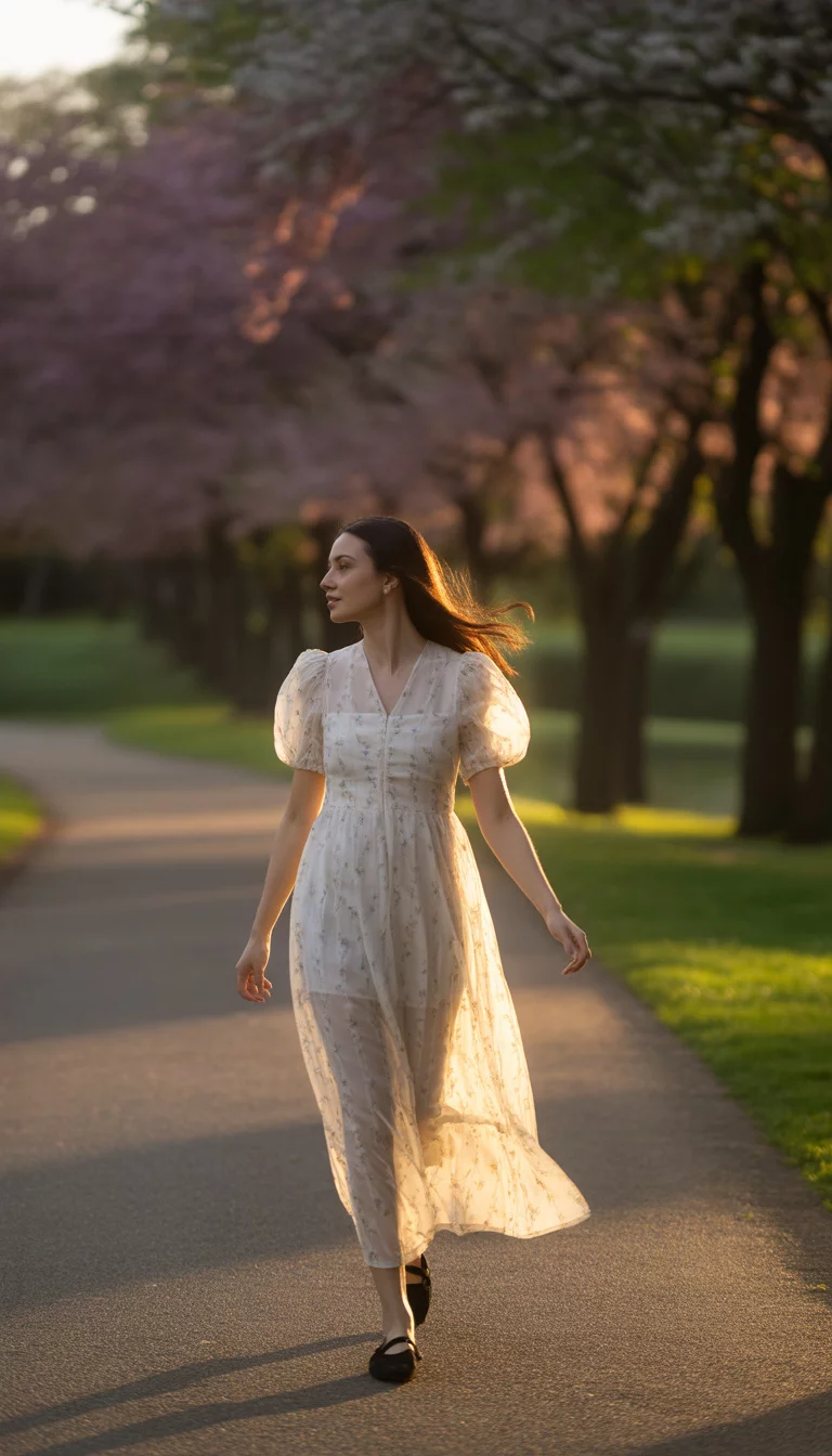 A beautiful woman in a white sheer floral maxi dress with puff sleeves, black flat shoes, walking along a park path during sunset with blooming trees.