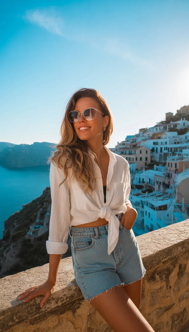 A beautiful woman in a white button-down shirt, high-waisted denim shorts, sunglasses, standing on a stone ledge overlooking a town of white houses.