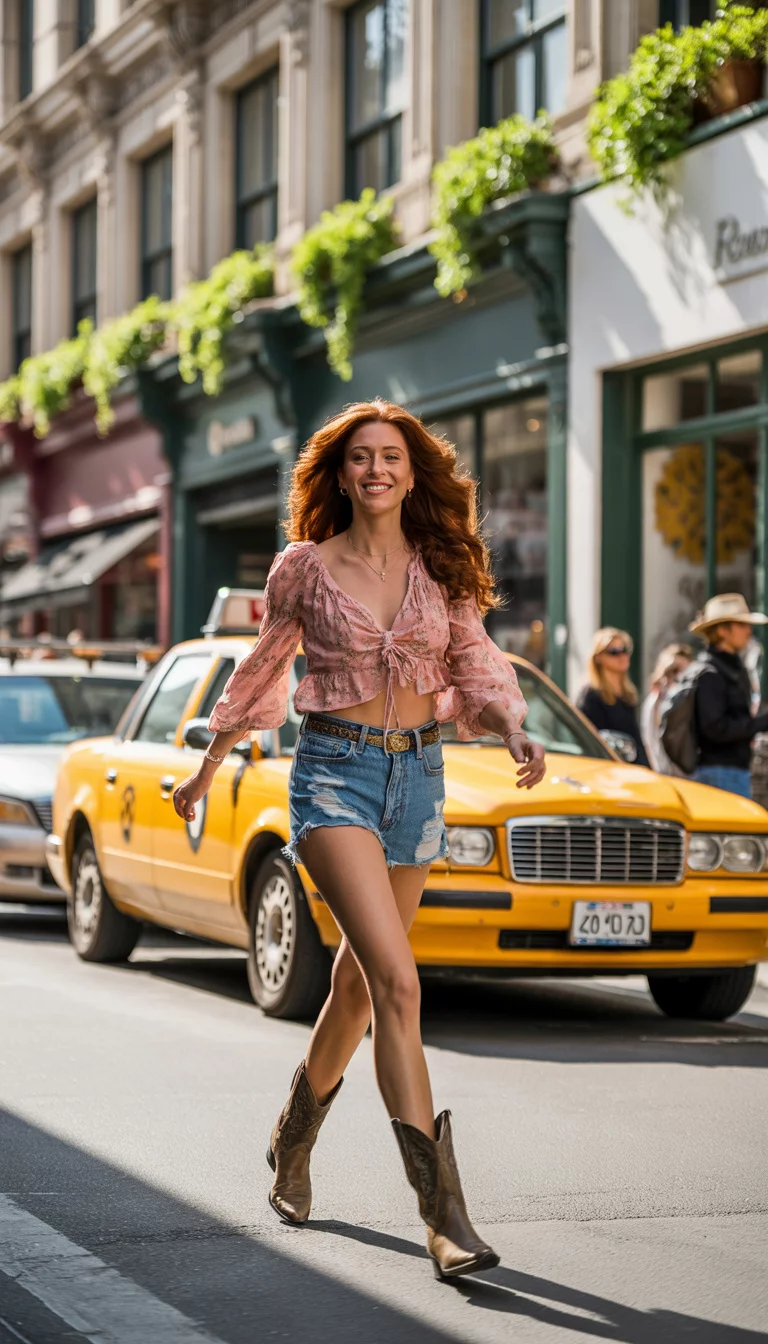 A beautiful woman in a pink floral ruffle blouse, denim cutoff shorts, brown cowboy boots, she walks on a city sidewalk past shops and a parked yellow taxi.