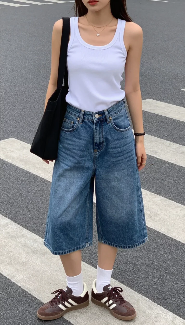A beautiful woman in a white tank top, loose denim culottes, white socks, brown Adidas Sambas, wearing a black bag, standing on an asphalt street crossing.