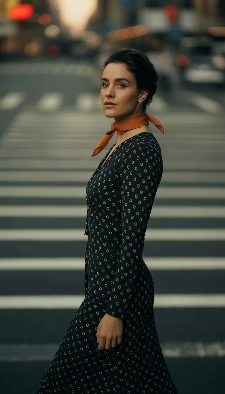 A beautiful woman in a fitted black midi dress with a white circle pattern, orange scarf tied at her back, her hair is up, standing on a city crosswalk with painted lines.