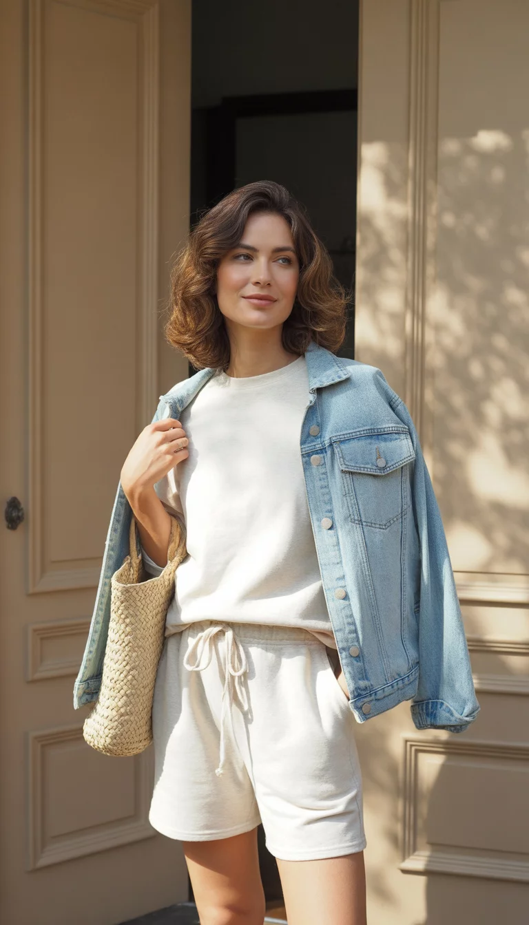 A beautiful woman in a white sweatshirt and drawstring shorts set, denim jacket over her shoulders, woven tote, standing in front of beige paneled doors.