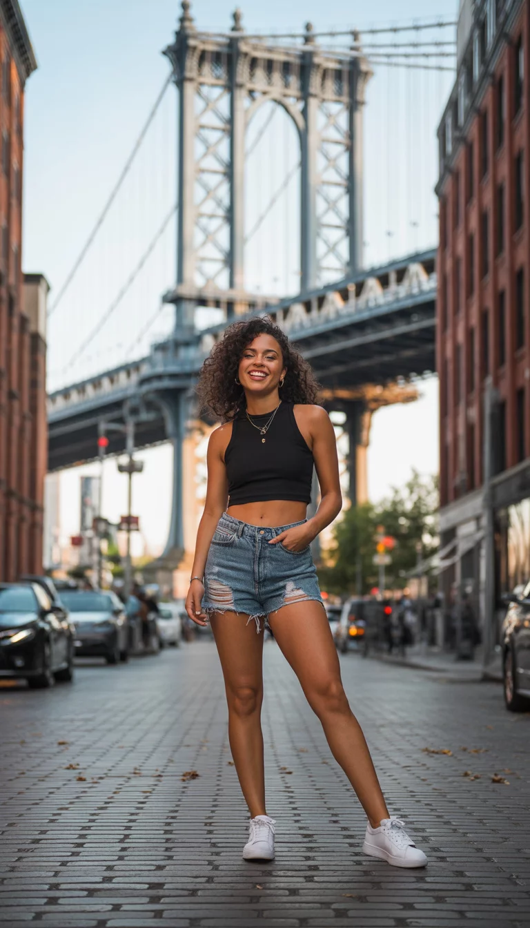 A beautiful woman in a black sleeveless crop top, denim cutoff shorts, white sneakers, dark curly hair, standing on a cobblestone street with the Manhattan Bridge visible behind.