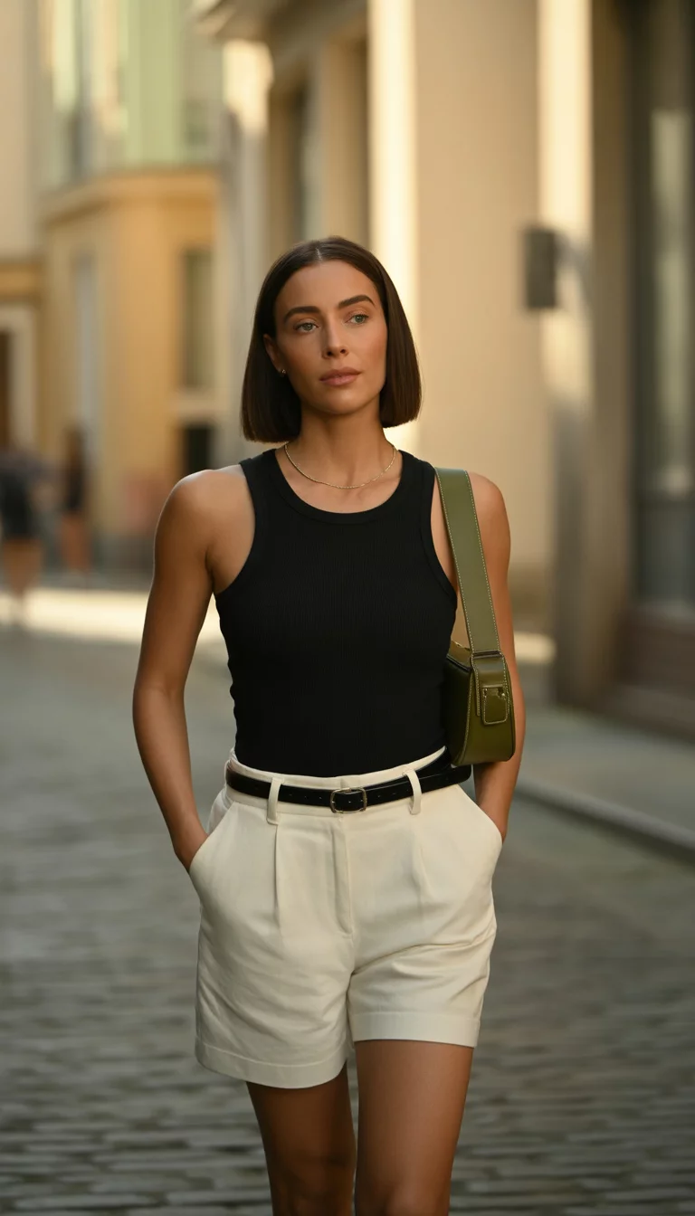 A beautiful woman in a black tank top, white high-waisted shorts, black belt, olive green cross-body bag, walking on a cobbled sidewalk with a bob haircut.