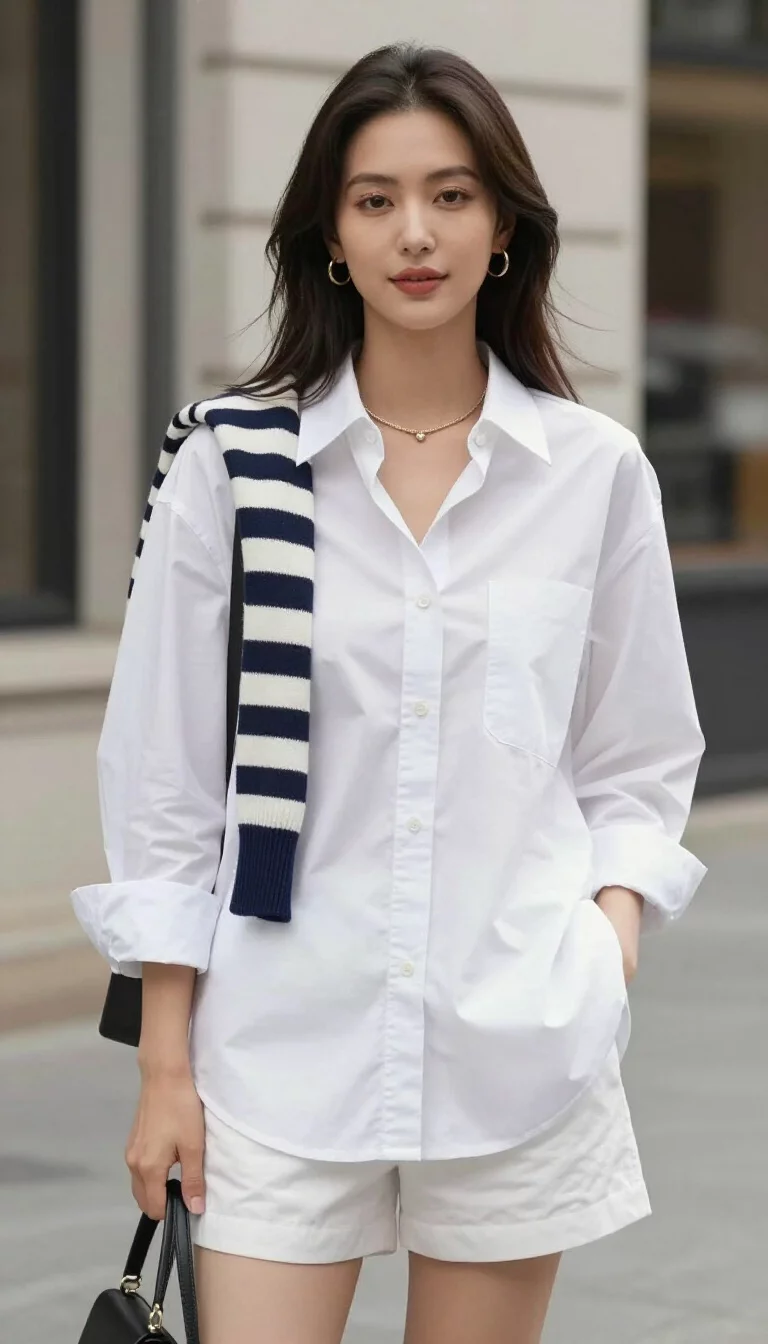 A beautiful woman in an oversized white button-down shirt with a navy and white striped sweater draped over her shoulders and white shorts, she stands on a city sidewalk.
