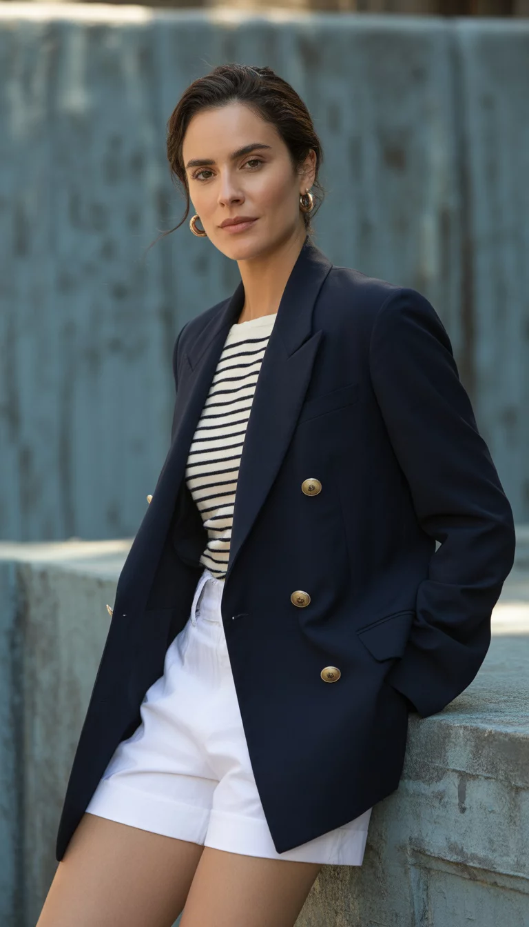A beautiful woman in an oversized navy double-breasted blazer over a striped shirt and white shorts, she stands against a textured grey outdoor wall.