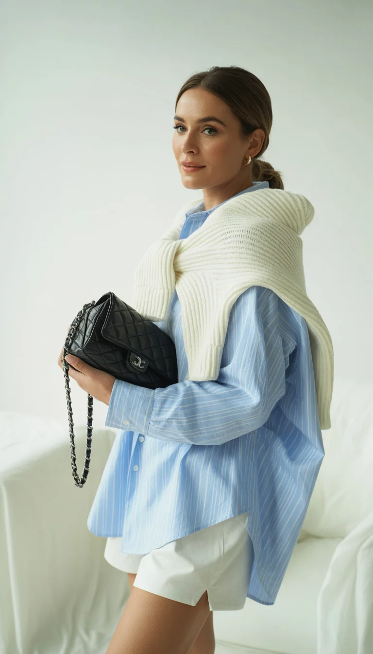 A beautiful woman in an oversized light blue striped shirt, draped white knit sweater, white shorts, and a black quilted chain bag, she stands indoors with a bright white background.