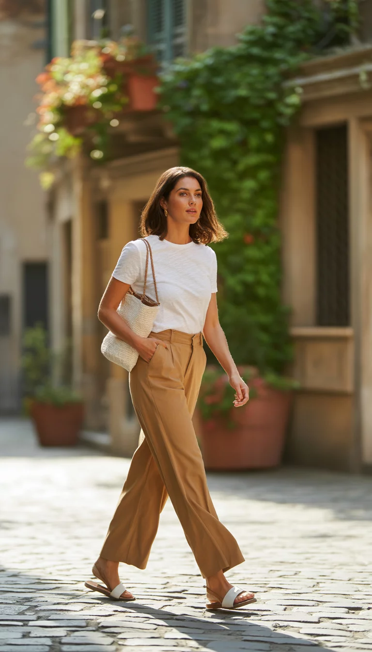 A beautiful woman in a white t-shirt, wide-leg tan trousers, white flat sandals, and a small white woven bag, she strides on a cobblestone street.