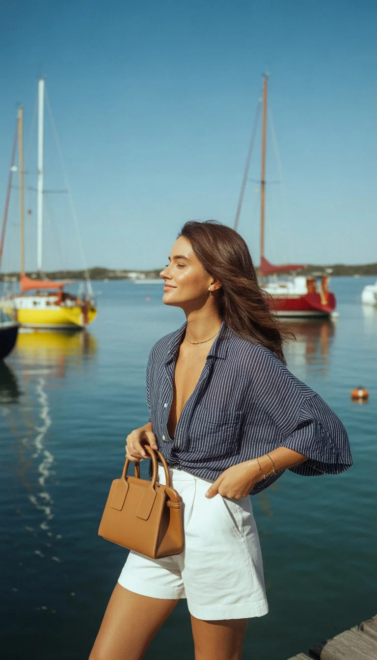 A beautiful woman in a navy and white striped unbuttoned shirt and white high-waisted shorts, she holds a small tan structured handbag near boats.