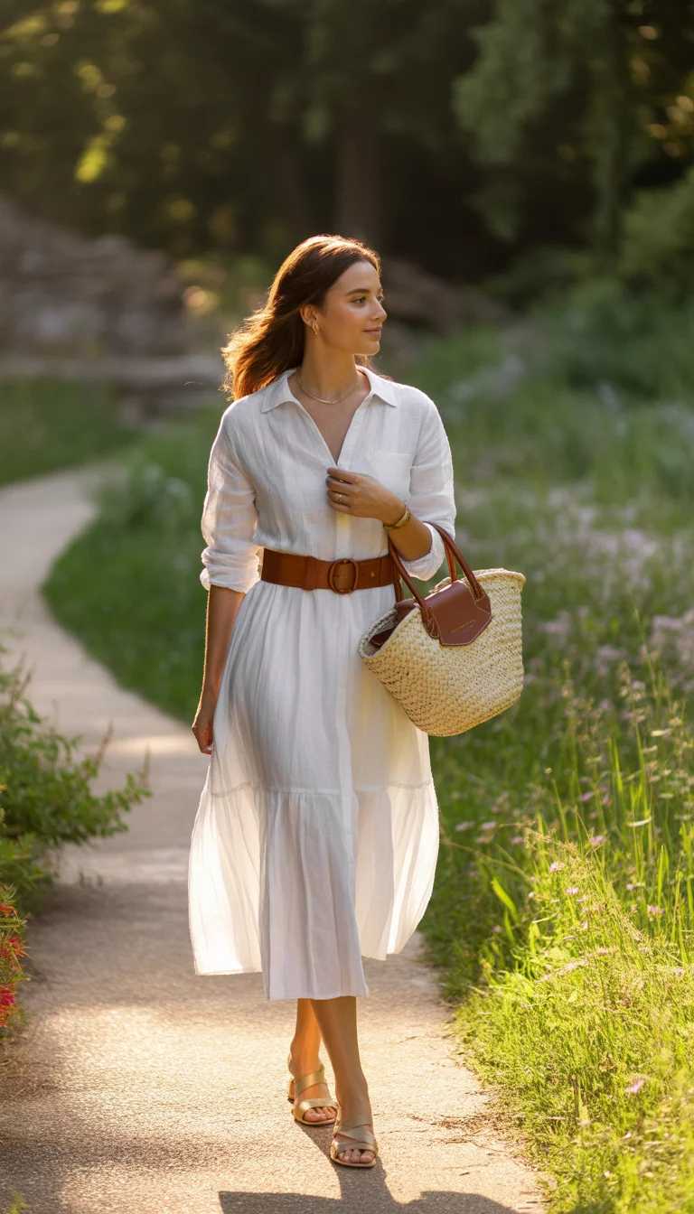 A beautiful woman in a white linen midi shirt dress belted with brown leather and carrying a woven straw bag with leather trim, she walks on a sunny stone path.