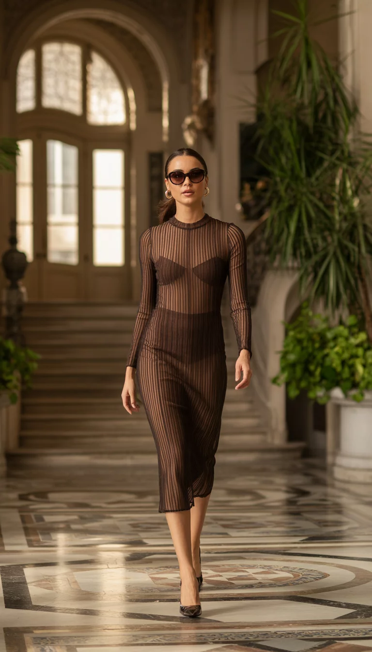 A beautiful woman in a fitted, sheer brown vertically striped midi dress and sunglasses, she walks through a grand indoor space with patterned flooring.