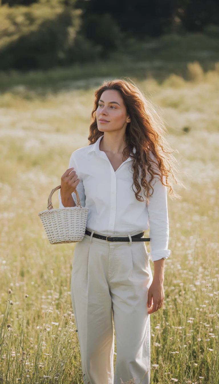 A beautiful woman in a white button-down shirt tucked into high-waisted cream trousers and cinched with a black belt, she carries a small white woven basket bag.