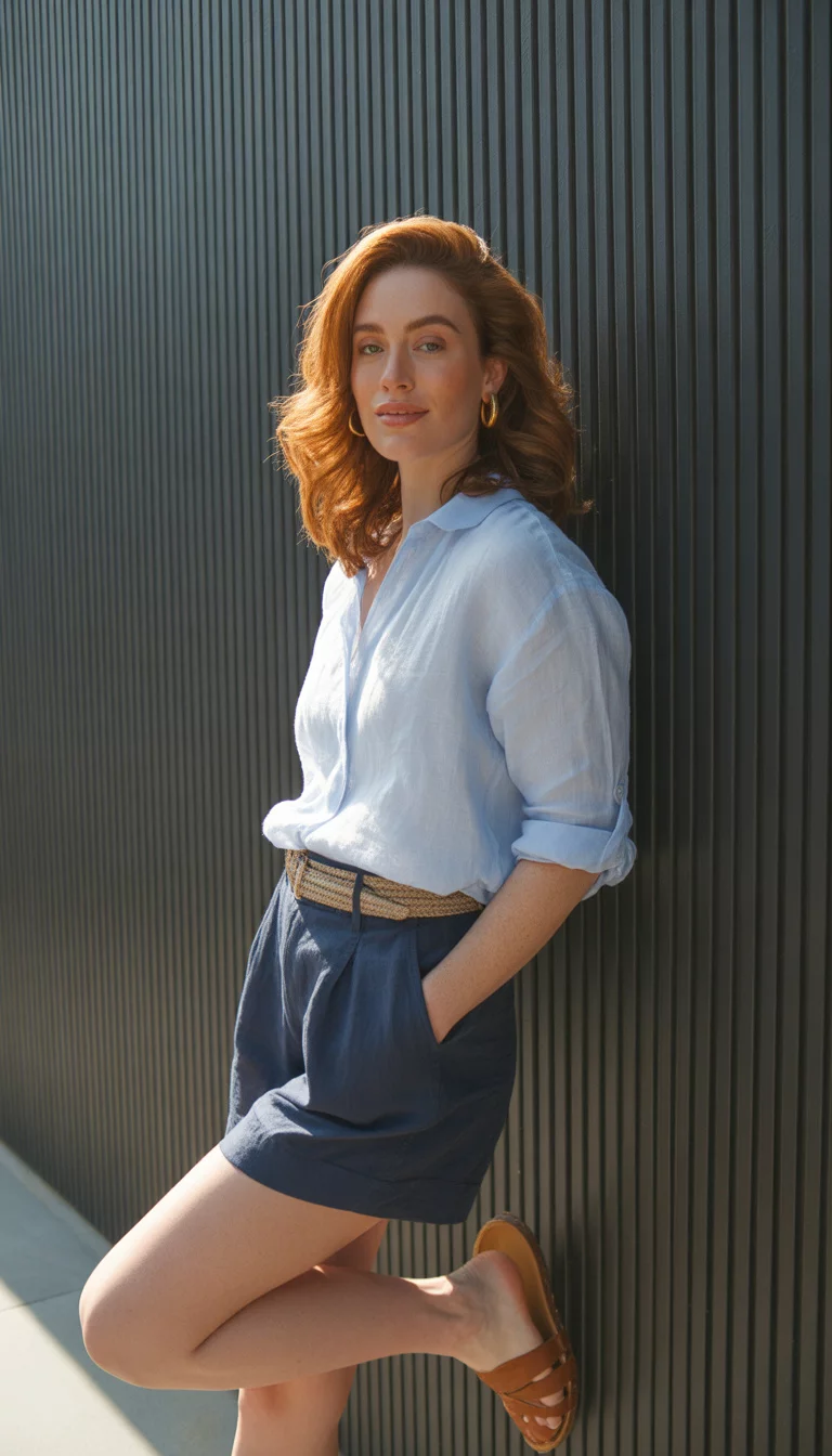 A beautiful woman in a light blue linen shirt with rolled sleeves and navy high-waisted shorts and brown leather slides, she stands against a vertical ribbed dark wall.